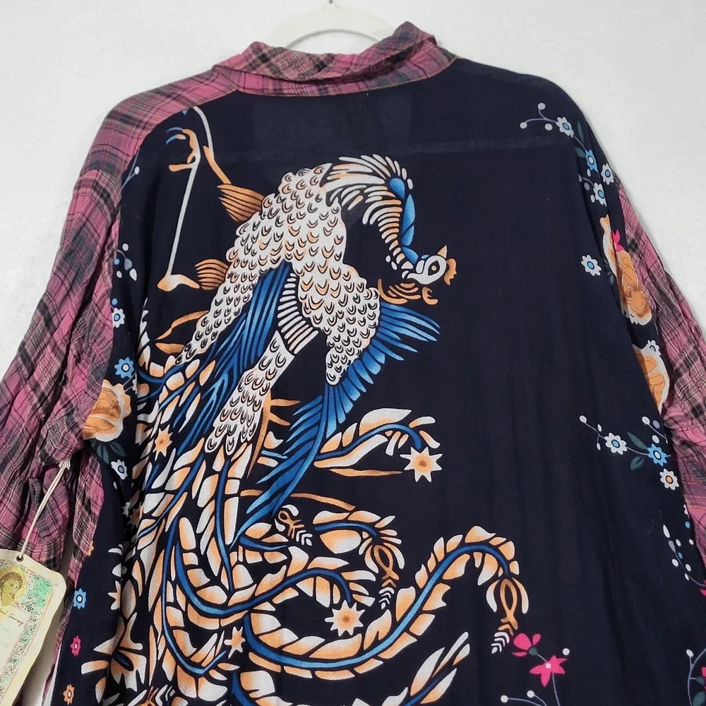 Aratta Shirt Womens Large Pink Plaid Bird Floral Boho Tunic Bell Sleeve Top - Picture 3 of 14